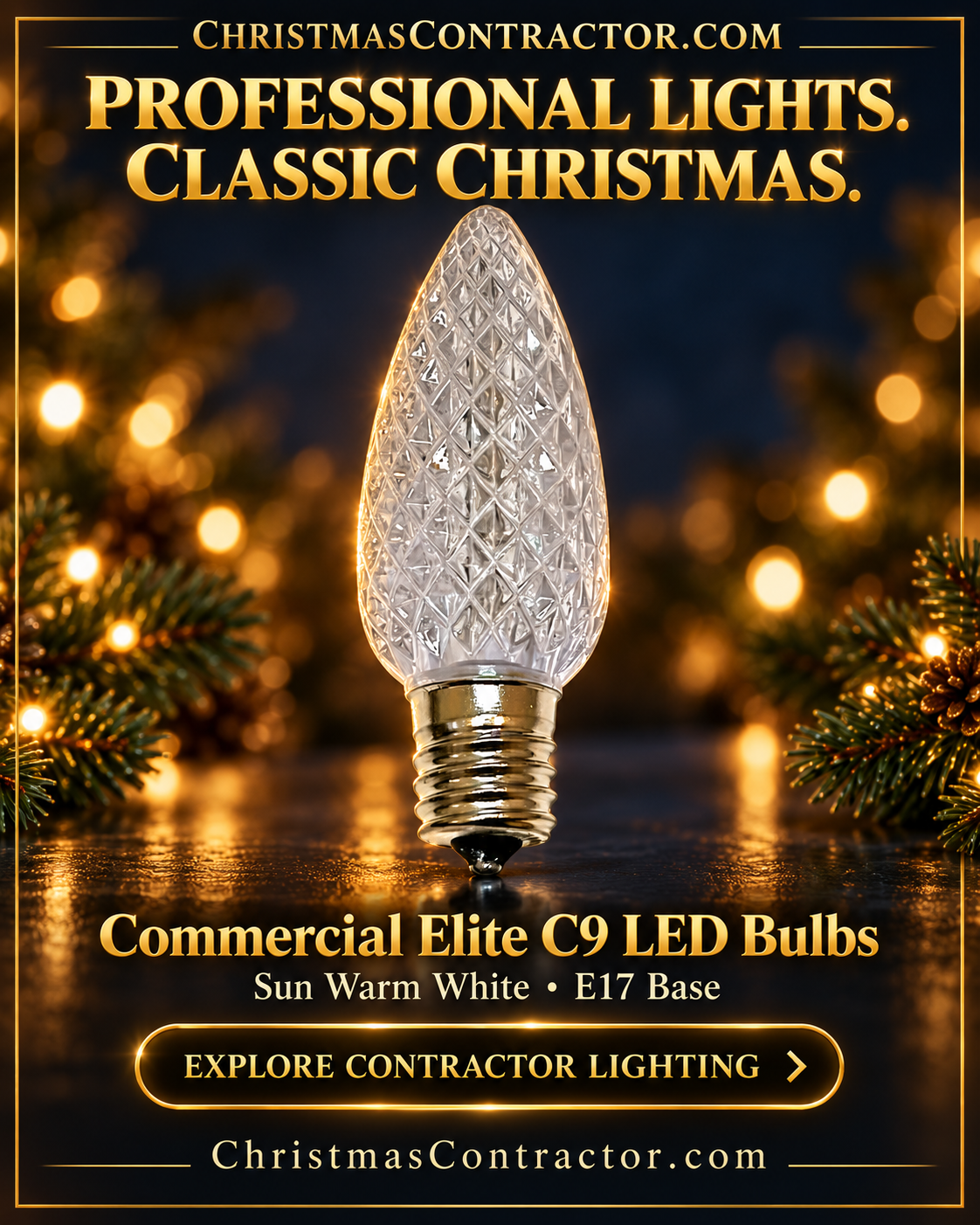 Gold ChristmasContractor.com campaign graphic featuring a Commercial Elite C9 bulb based on the catalog photograph, Sun Warm White with E17 base.