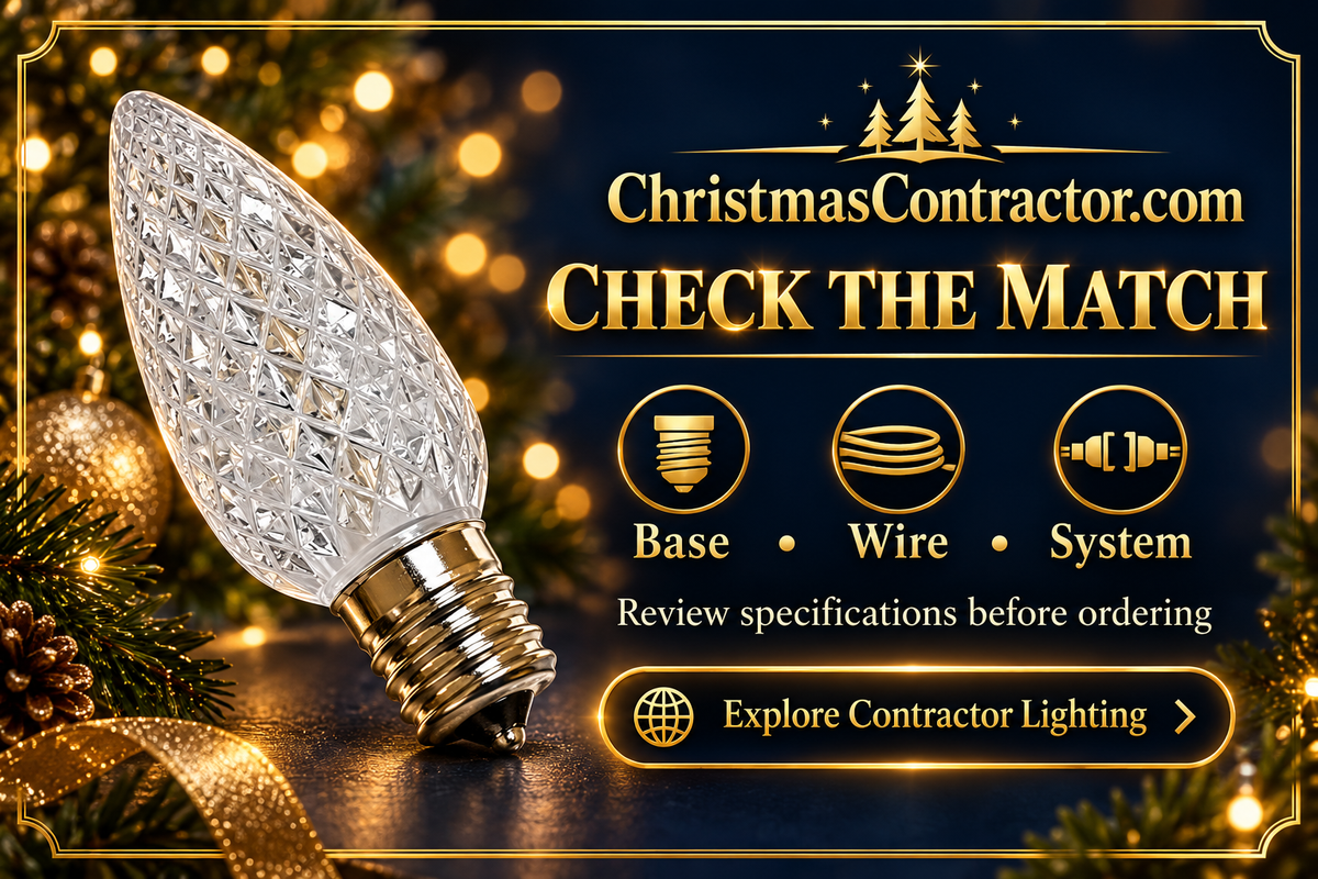 Gold compatibility checklist graphic featuring a Commercial Elite C9 bulb based on its catalog photograph.