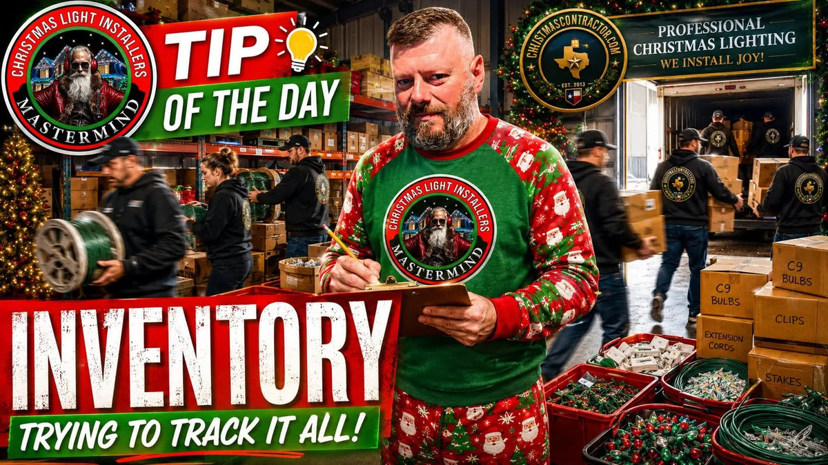 Christmas light installer inventory control in a professional warehouse with C9 bulbs, clips, cords and crew materials