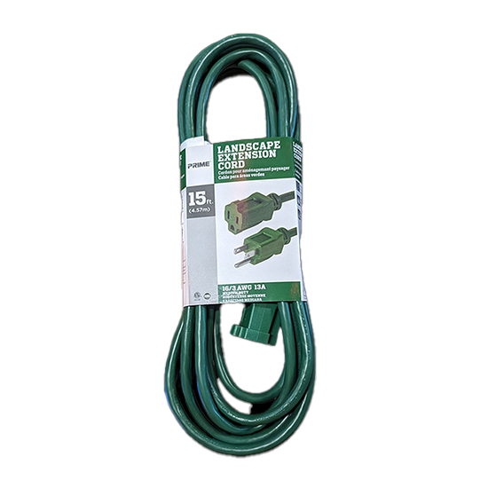 A 15-foot green outdoor extension cord with packaging, displaying the product information and voltage rating.