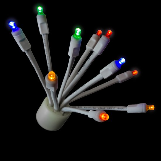 A collection of LED lighting bulbs with white bases, displaying various colors including red, green, blue, and multicolor.