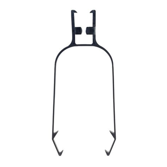 Black metal roof clip designed for securing Christmas lights without damaging the roof.