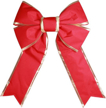 A red canvas bow with bright gold trimmings designed for holiday decorating.