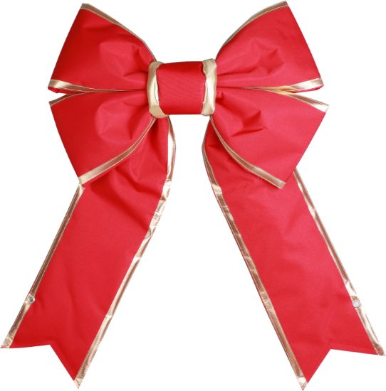 A red canvas bow with bright gold trimmings designed for holiday decorating.