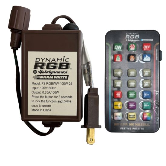 An image showing a Dynamic RGB commercial controller for lighting, including the device itself and a remote control.