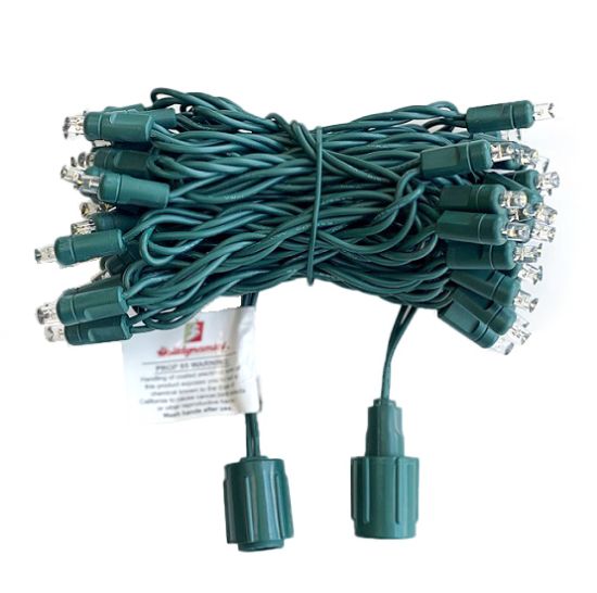 A bundle of green LED Christmas lights with 5MM spacing between bulbs, packaged for retail sale.