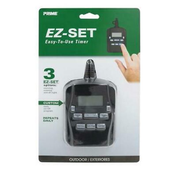 Packaged EZ-Set digital timer by Prime, with black color and visible buttons, plug, and branding.
