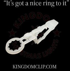 A clear, plastic clip designed for attaching Christmas lights to roofing materials.
