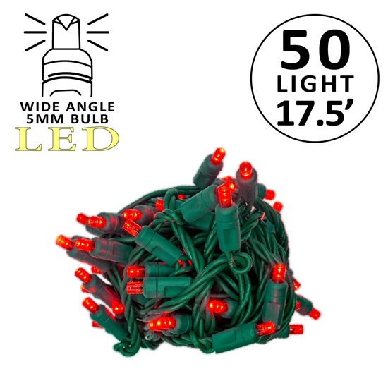 A bundle of 5mm LED mini lights with green wiring, featuring a wide angle bulb and marked with '50 light 25' indicating the count and length.