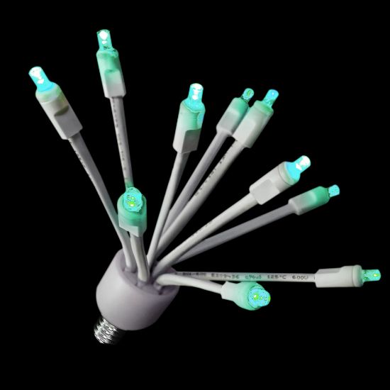 A collection of LED lighting bulbs with white bases, displaying various colors including red, green, blue, and multicolor.