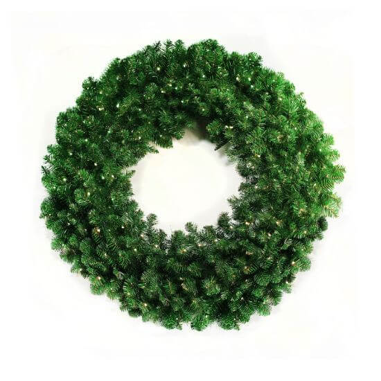 A large, pre-lit Oregon wreath with warm white LED lights, designed for outdoor hanging.