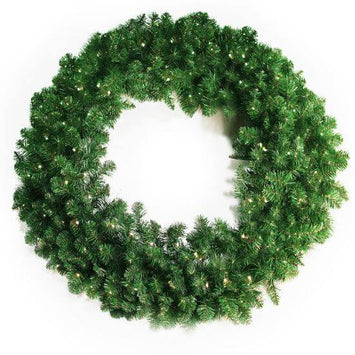 A large, pre-lit Oregon wreath with warm white LED lights, designed for outdoor hanging.