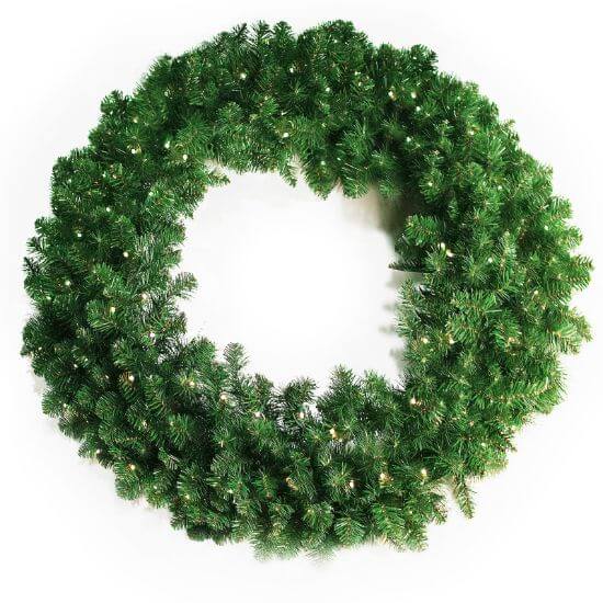A large, pre-lit Oregon wreath with warm white LED lights, designed for outdoor hanging.