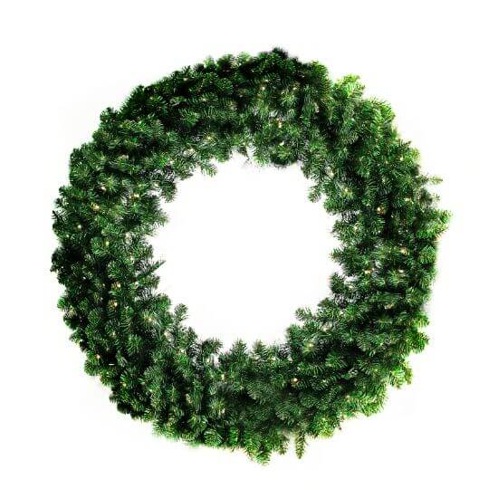 A large, pre-lit Oregon wreath with warm white LED lights, designed for outdoor hanging.