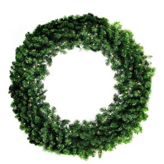 A large, pre-lit Oregon wreath with warm white LED lights, designed for outdoor hanging.