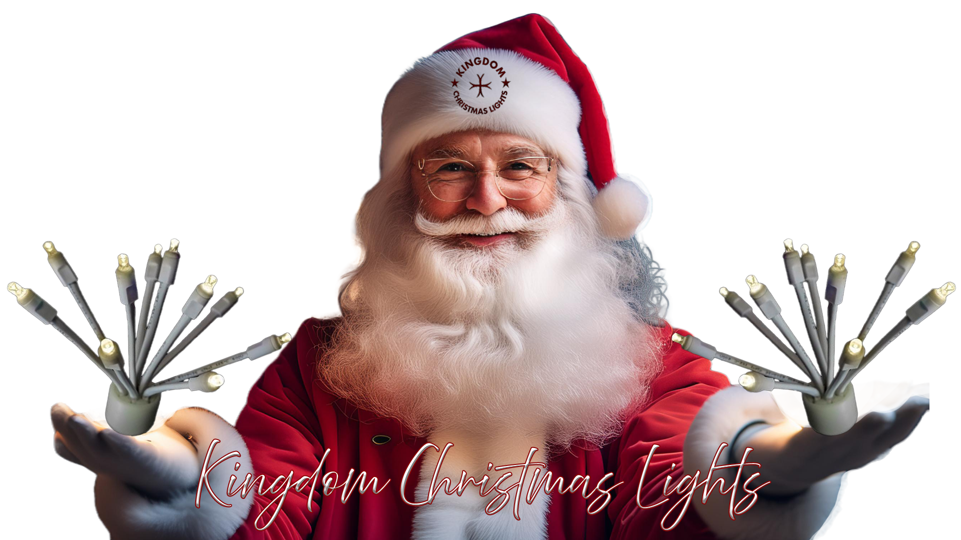 A product image showing a set of LED holiday lights with white bulbs, displayed in front of a smiling Santa Claus figure.