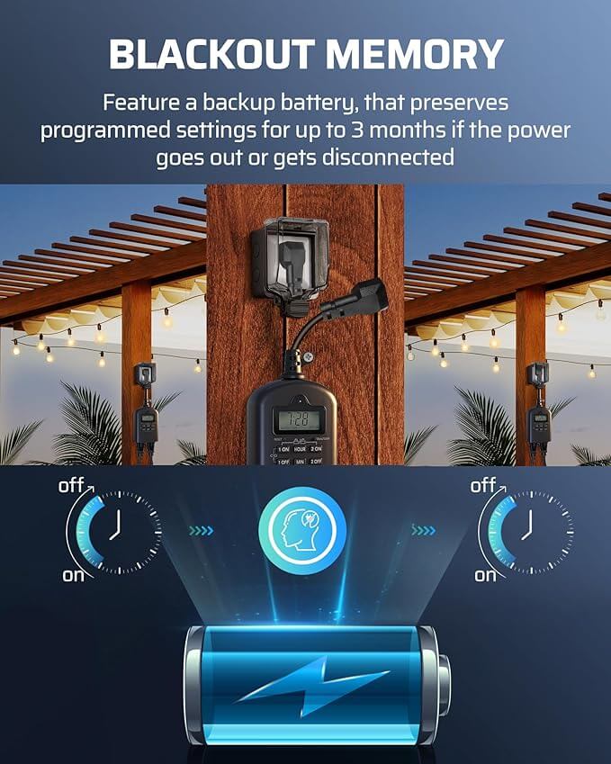 Outdoor Timer Outlet Waterproof, Outdoor Digital Timer for Lights, Programmable with 2 Grounded Outlets, for Home and Garden, 15A, 1/2HP, Heavy Duty, ETL Listed