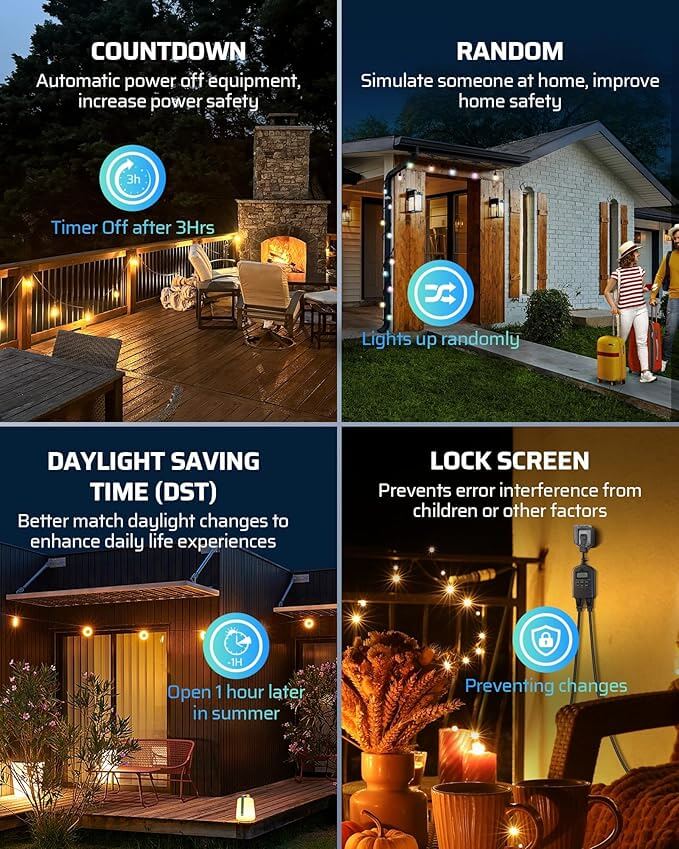 Outdoor Timer Outlet Waterproof, Outdoor Digital Timer for Lights, Programmable with 2 Grounded Outlets, for Home and Garden, 15A, 1/2HP, Heavy Duty, ETL Listed