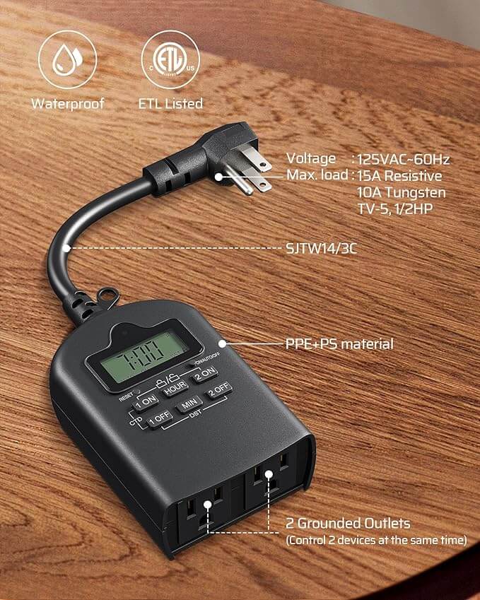 Outdoor Timer Outlet Waterproof, Outdoor Digital Timer for Lights, Programmable with 2 Grounded Outlets, for Home and Garden, 15A, 1/2HP, Heavy Duty, ETL Listed