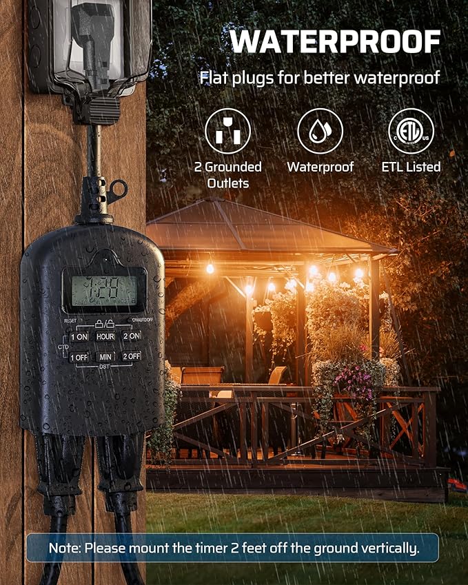Outdoor Timer Outlet Waterproof, Outdoor Digital Timer for Lights, Programmable with 2 Grounded Outlets, for Home and Garden, 15A, 1/2HP, Heavy Duty, ETL Listed