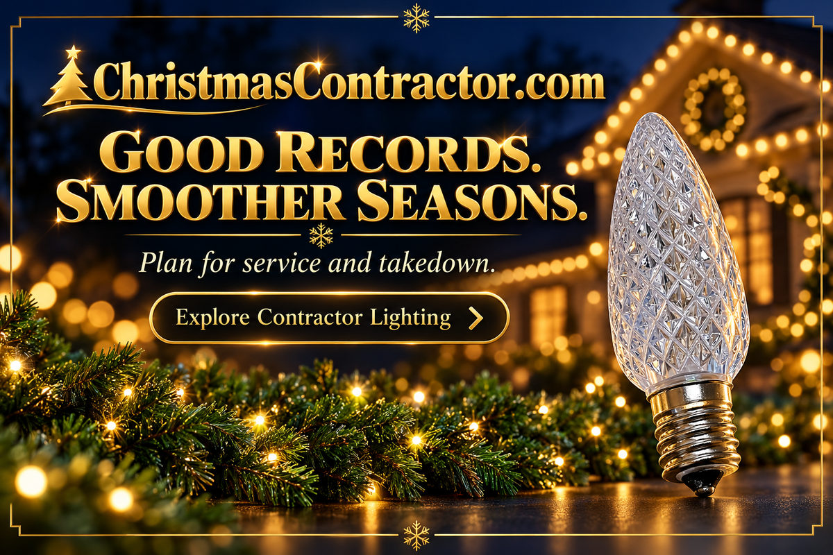 Gold job-records campaign featuring Commercial Elite C9 bulb and Oregon Fir garland based on catalog photographs.