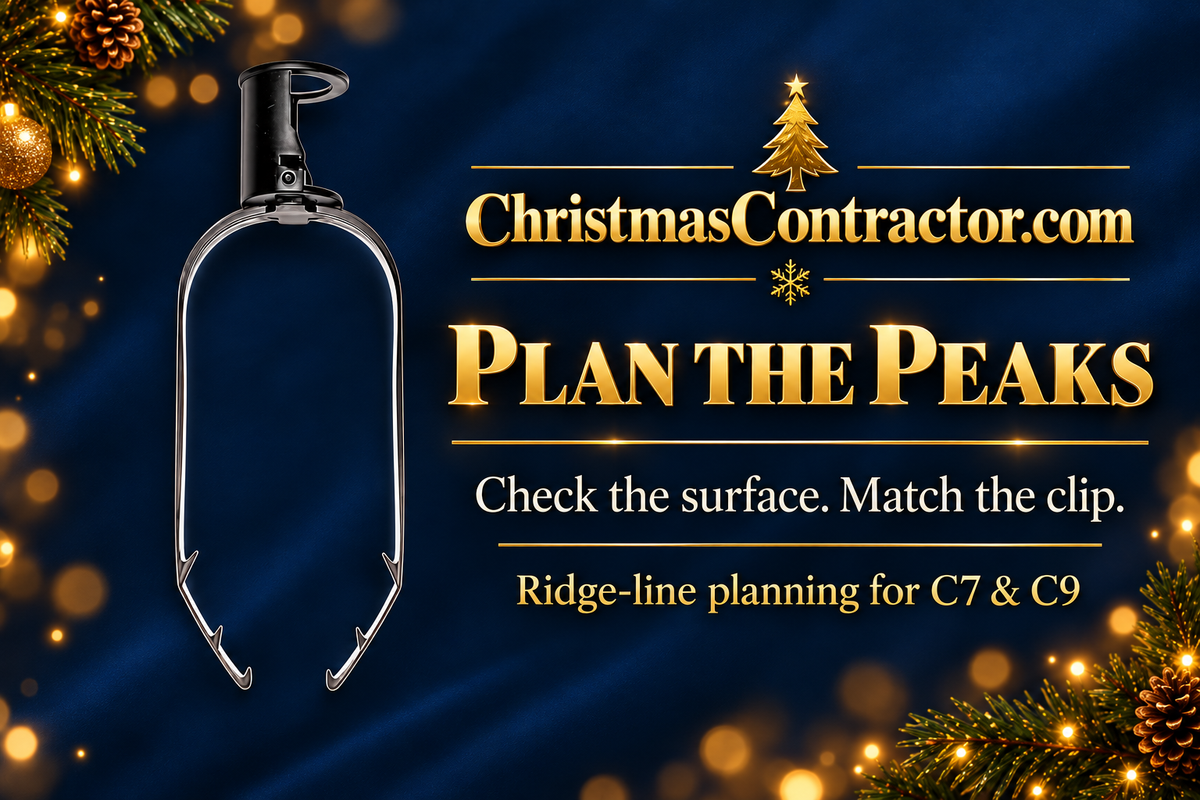 Plan the Peaks: new gold and navy composition based on the actual C9/C7 enclosed ridge clip catalog photograph. Check the surface. Match the clip.