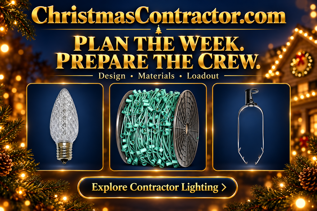 Gold weekly planning product gallery with C9 bulb, socket wire spool and ridge clip based on actual catalog photographs.