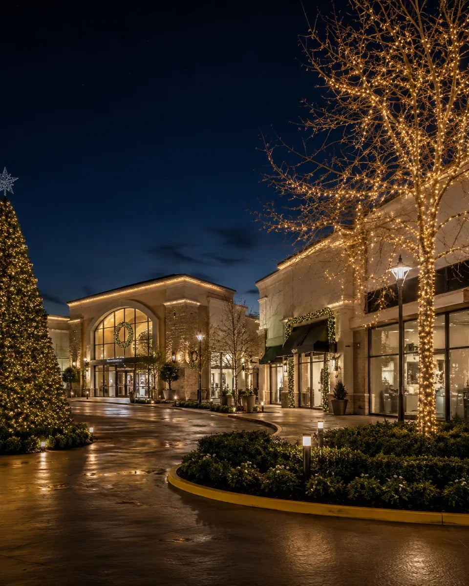 Finished commercial shopping center with tree, roofline, and greenery lighting