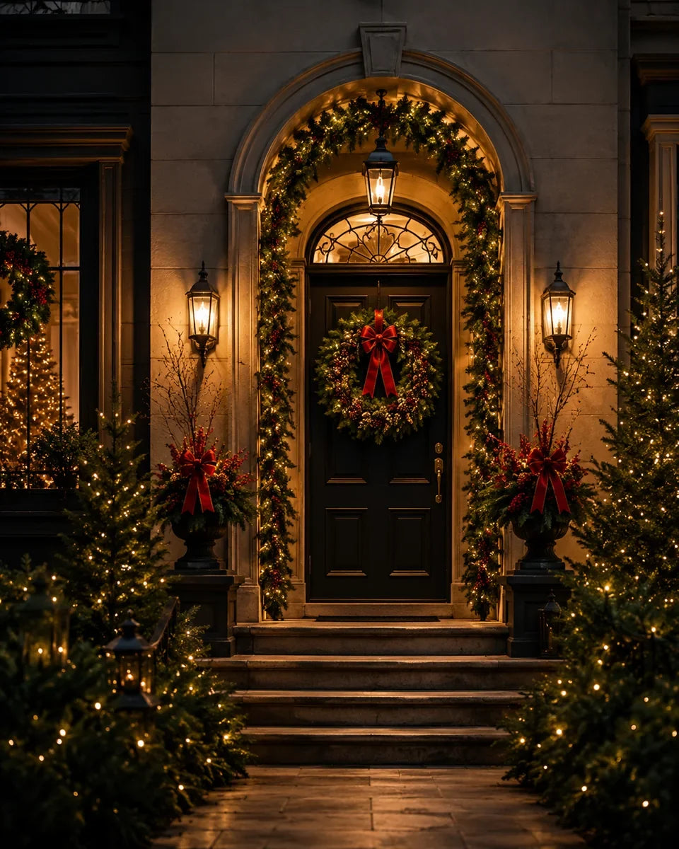 Finished entryway with illuminated garland, wreaths, bows, and holiday greenery