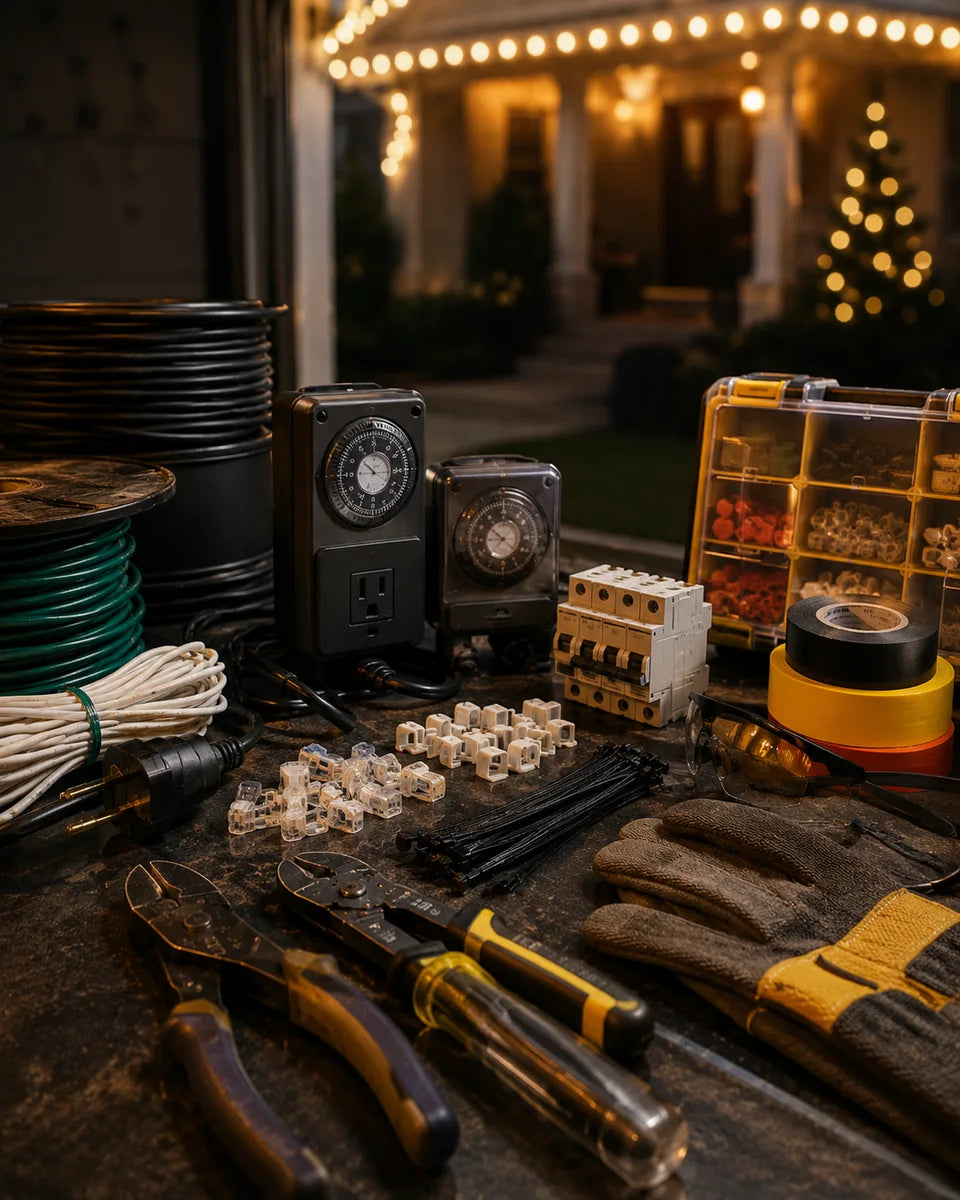 Professional Christmas light installation tools, cords, timers, plugs, and hardware