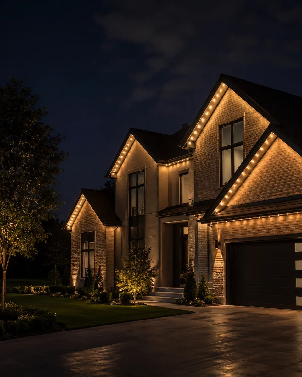 Finished home with warm-white permanent architectural lighting