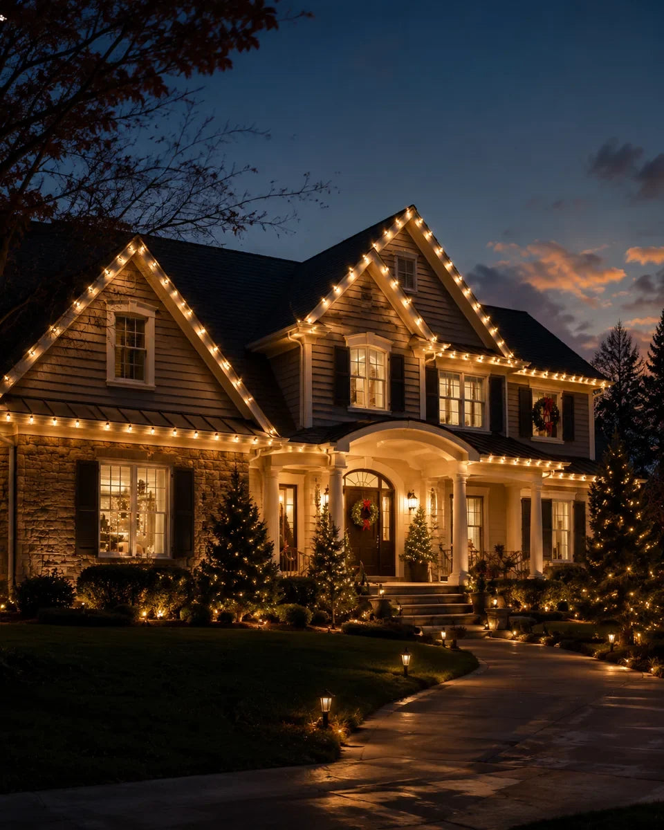 Finished home with clean warm-white C9 roofline lighting