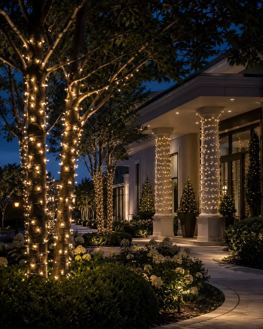 Finished columns and tree trunks wrapped with warm-white mini lights