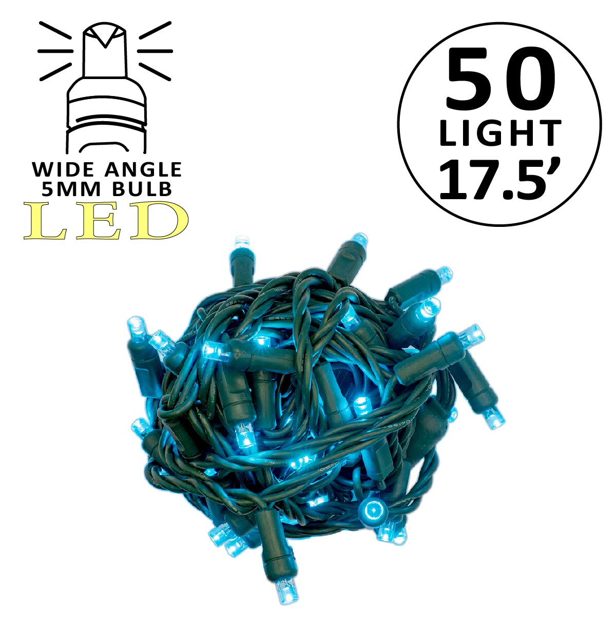 Holidynamics 50-count 5mm LED mini lights, 4-inch spacing on green cord — Teal
