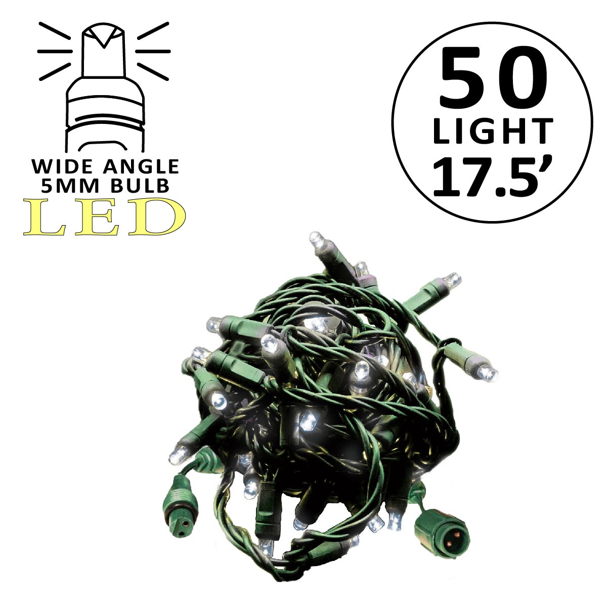Holidynamics Coaxial 50L 5MM LED Mini Lights, Green Wire, 4" Spacing — Pack of 24
