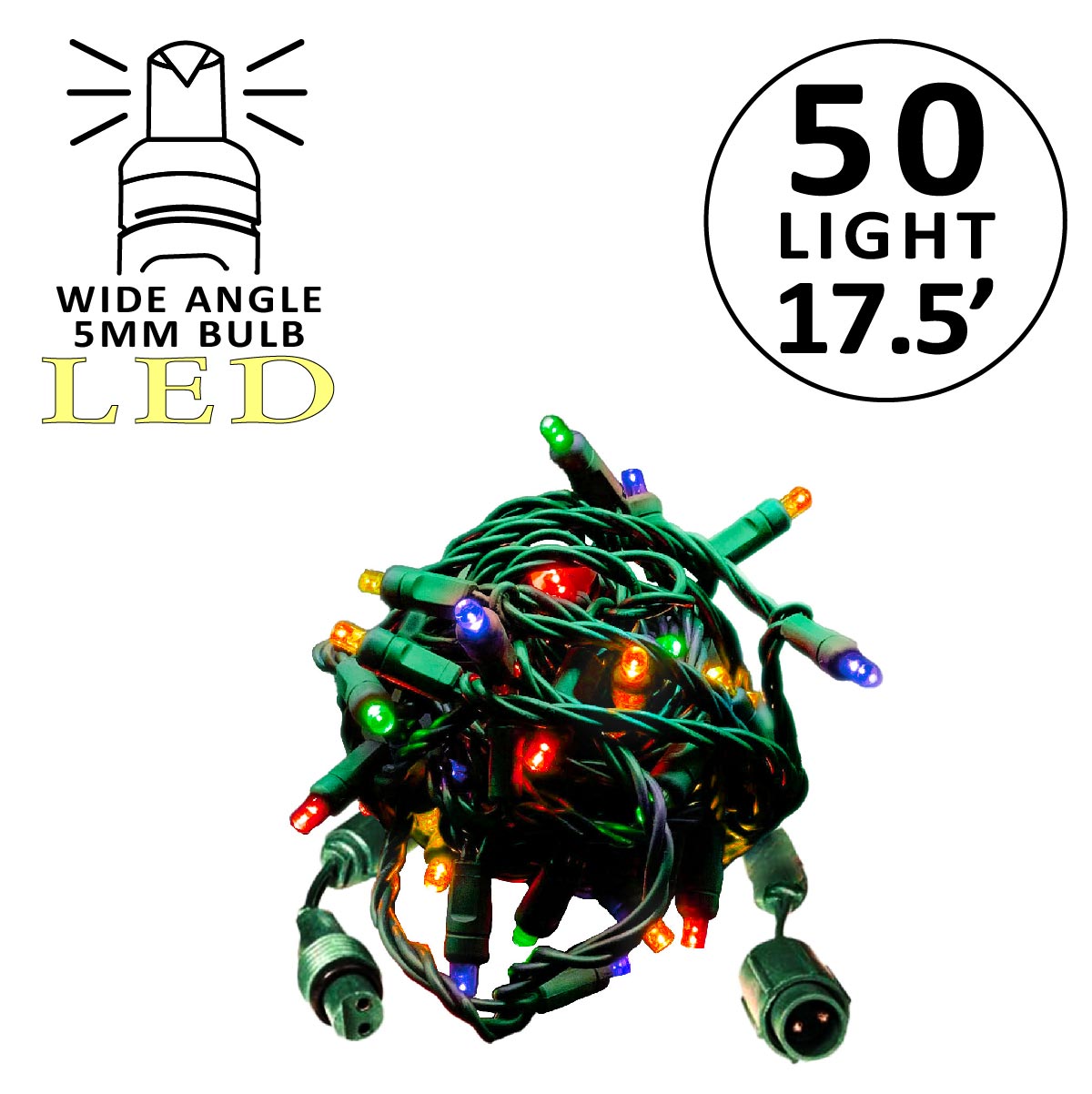 Holidynamics Coaxial 5MM LED Mini Lights, Green Wire, 4" Spacing — Case Packs