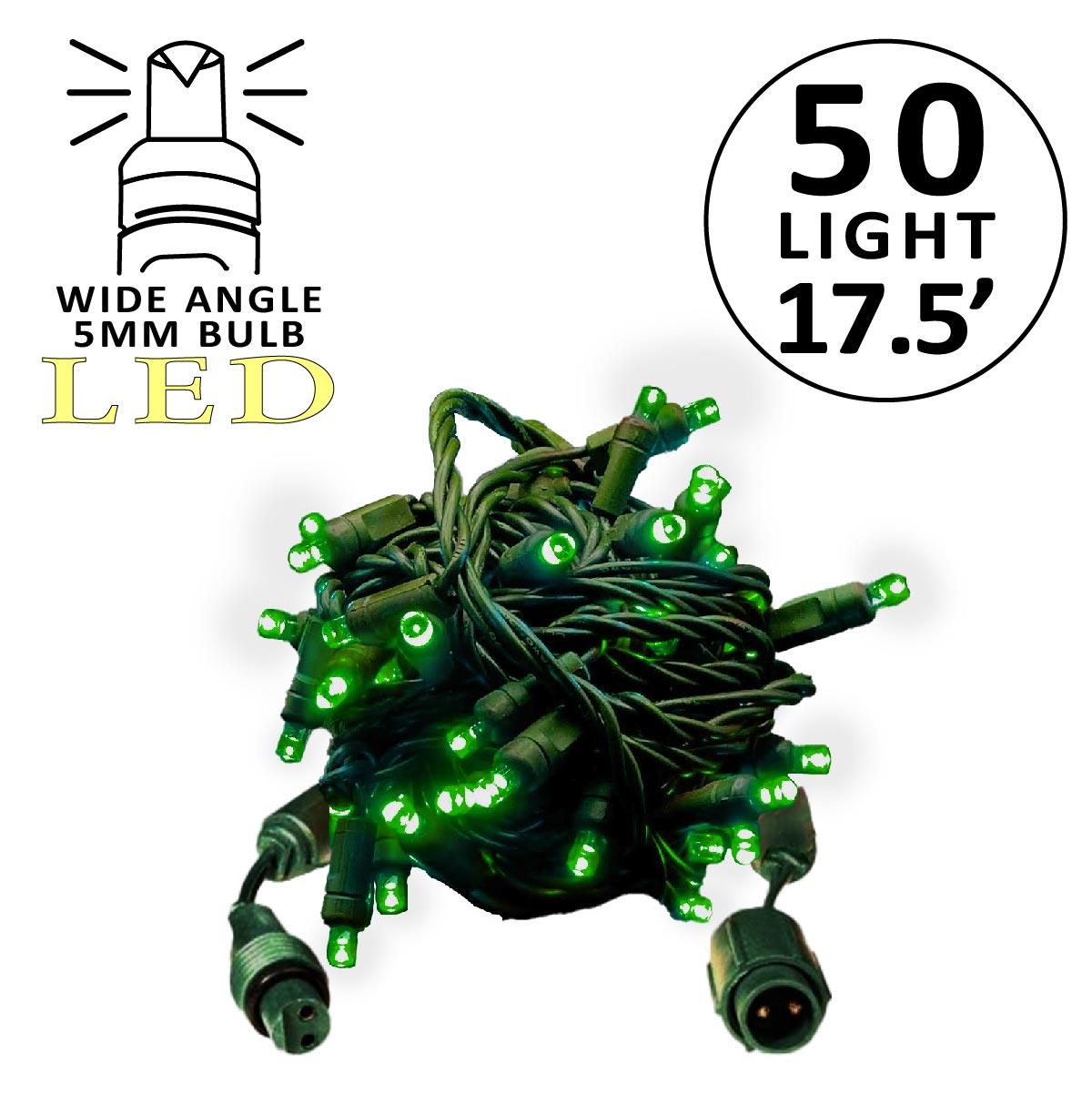 Holidynamics Coaxial 5MM LED Mini Lights, Green Wire, 4" Spacing — Case Packs