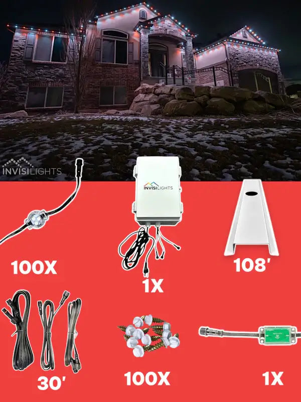 Outdoor lighting system with components and a house decorated with lights in the background.