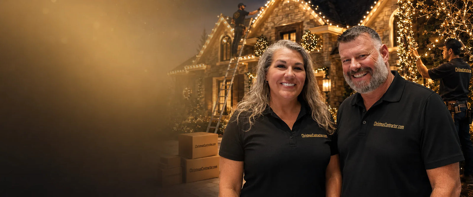 Christmas light professionals beside a warm-white holiday display.