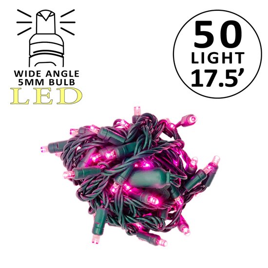 Holidynamics 50-count 5mm LED mini lights, 4-inch spacing on green cord — Pink