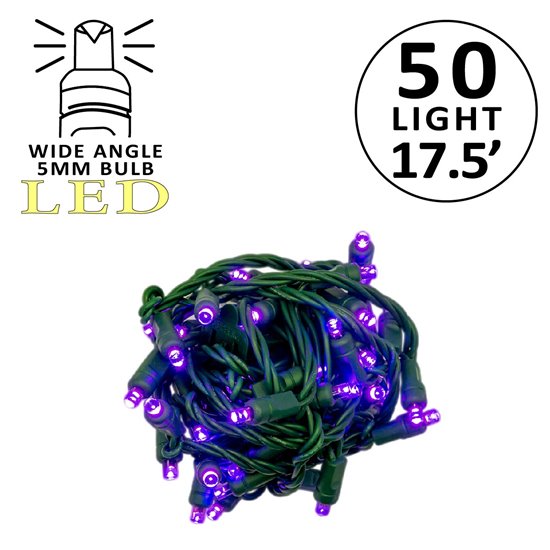 Holidynamics 50-count 5mm LED mini lights, 4-inch spacing on green cord — Purple