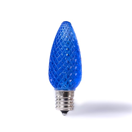 Three C9 LED bulbs with E17 base compatibility, displayed in different colors (clear, blue, and red).