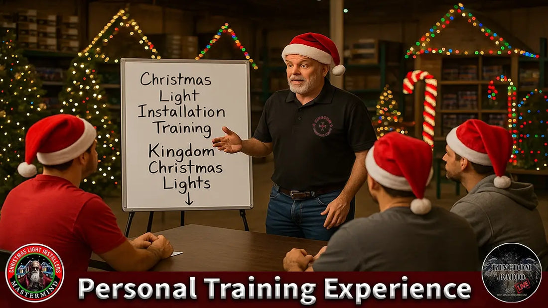 Man in Santa hat giving Christmas light installation training to a group in a festive setting.