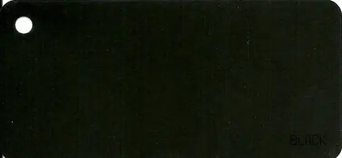 Solid black color swatch with a brand name at the bottom right corner.