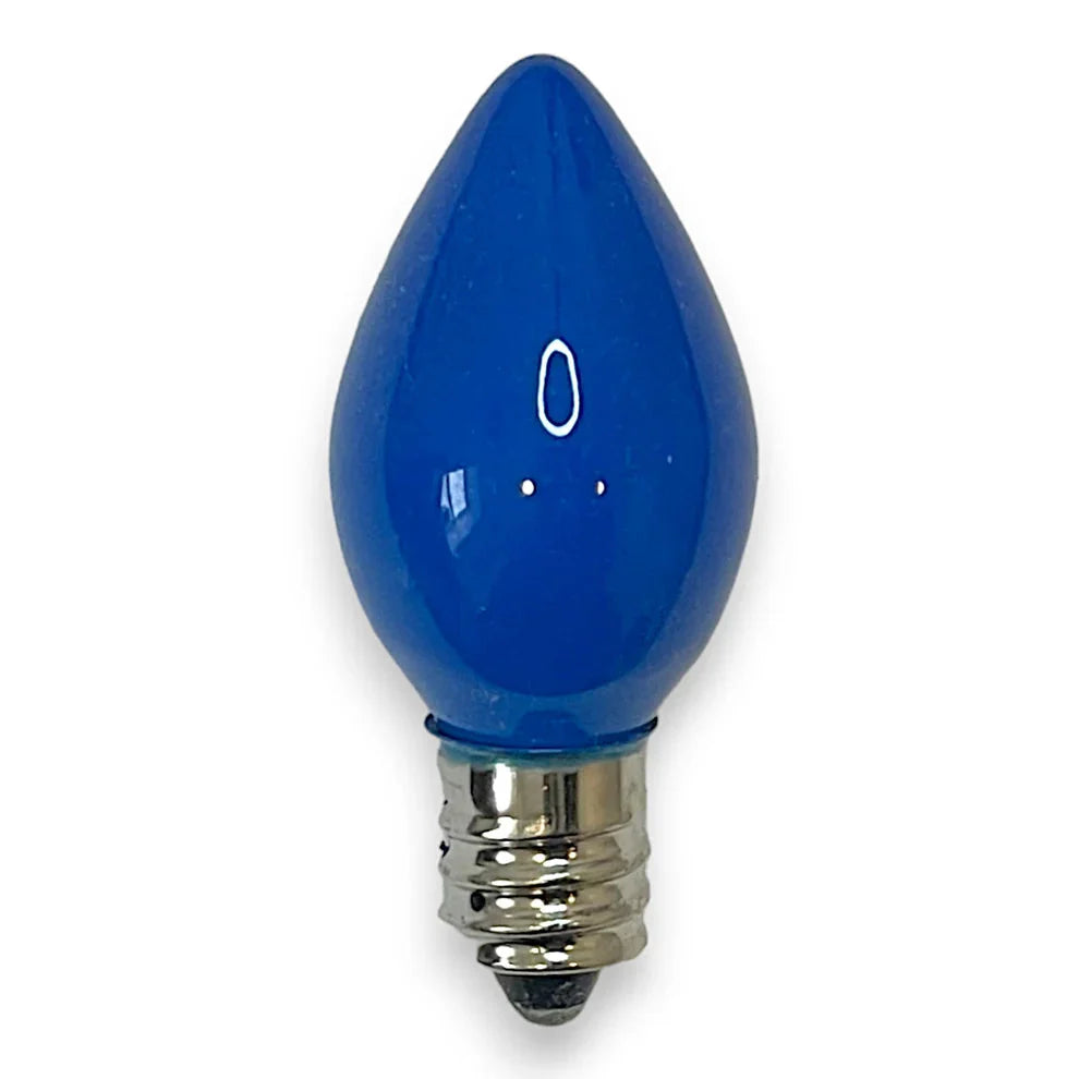 C7 blue opaque incandescent Christmas light bulb alternate view