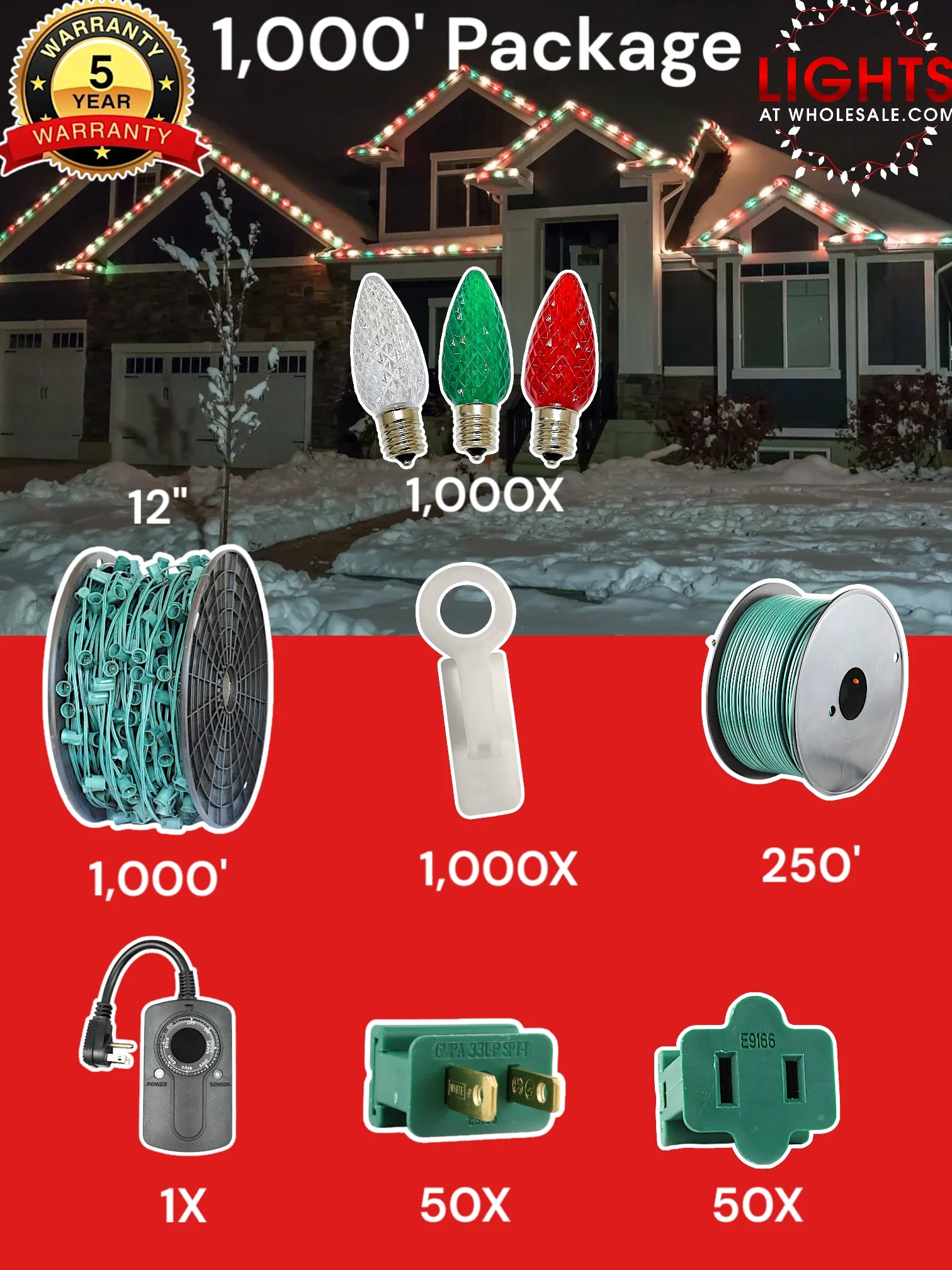 C9 1000 foot Pro Package, 12 inch spacing, Commercial Elite red green warm white