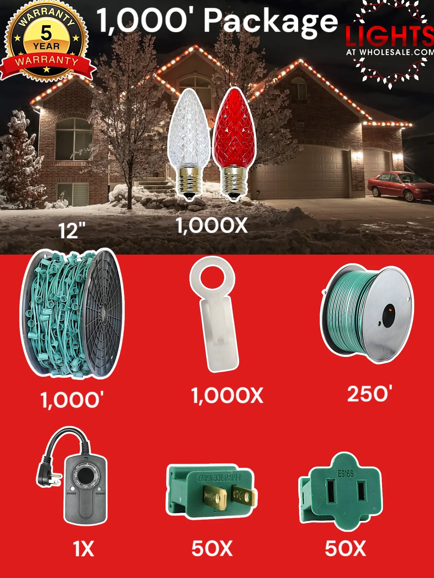 C9 1000 foot Pro Package, 12 inch spacing, Commercial Elite red warm white