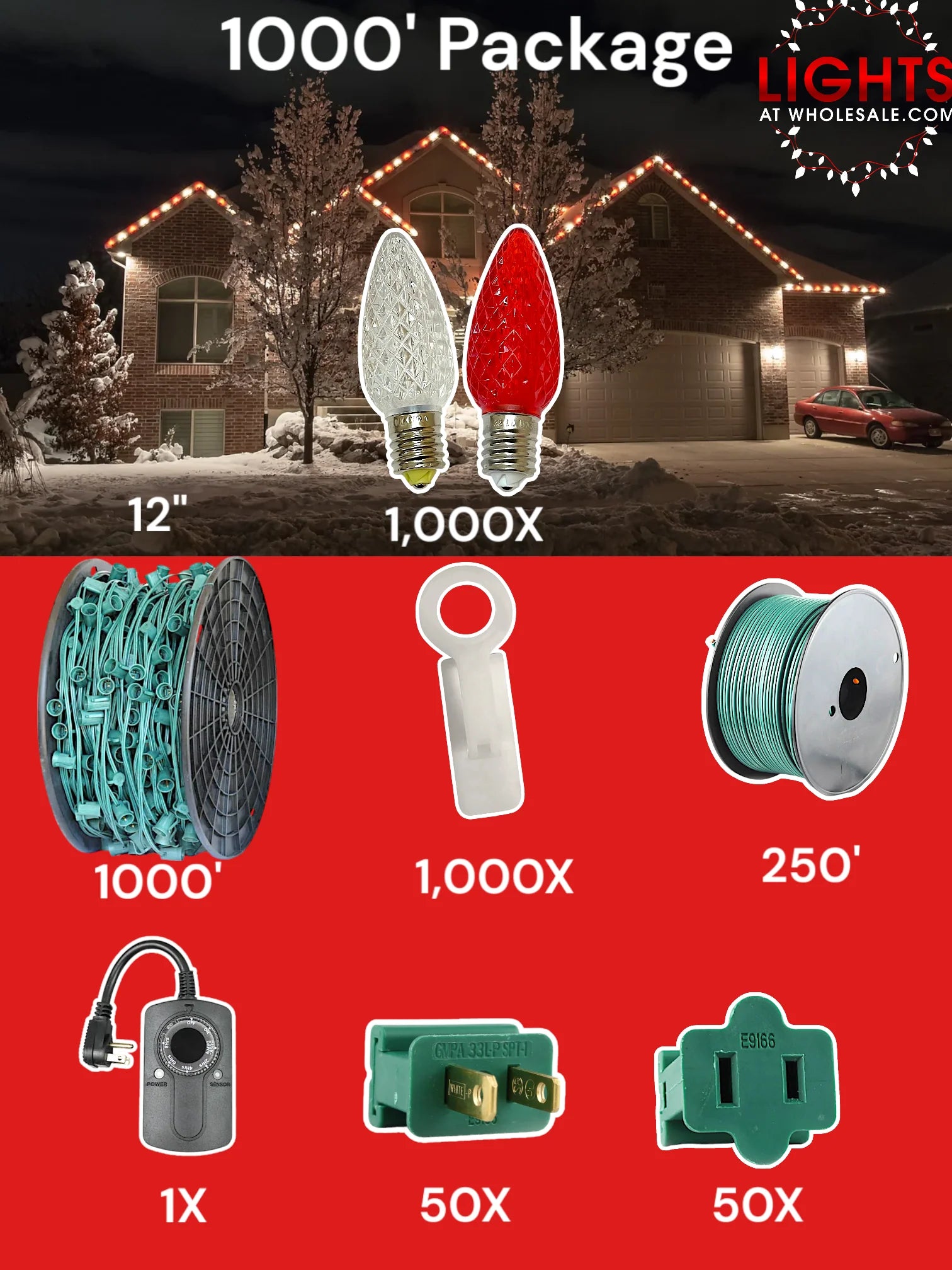 C9 1000 foot Pro Package, 12 inch spacing, Minleon red warm white