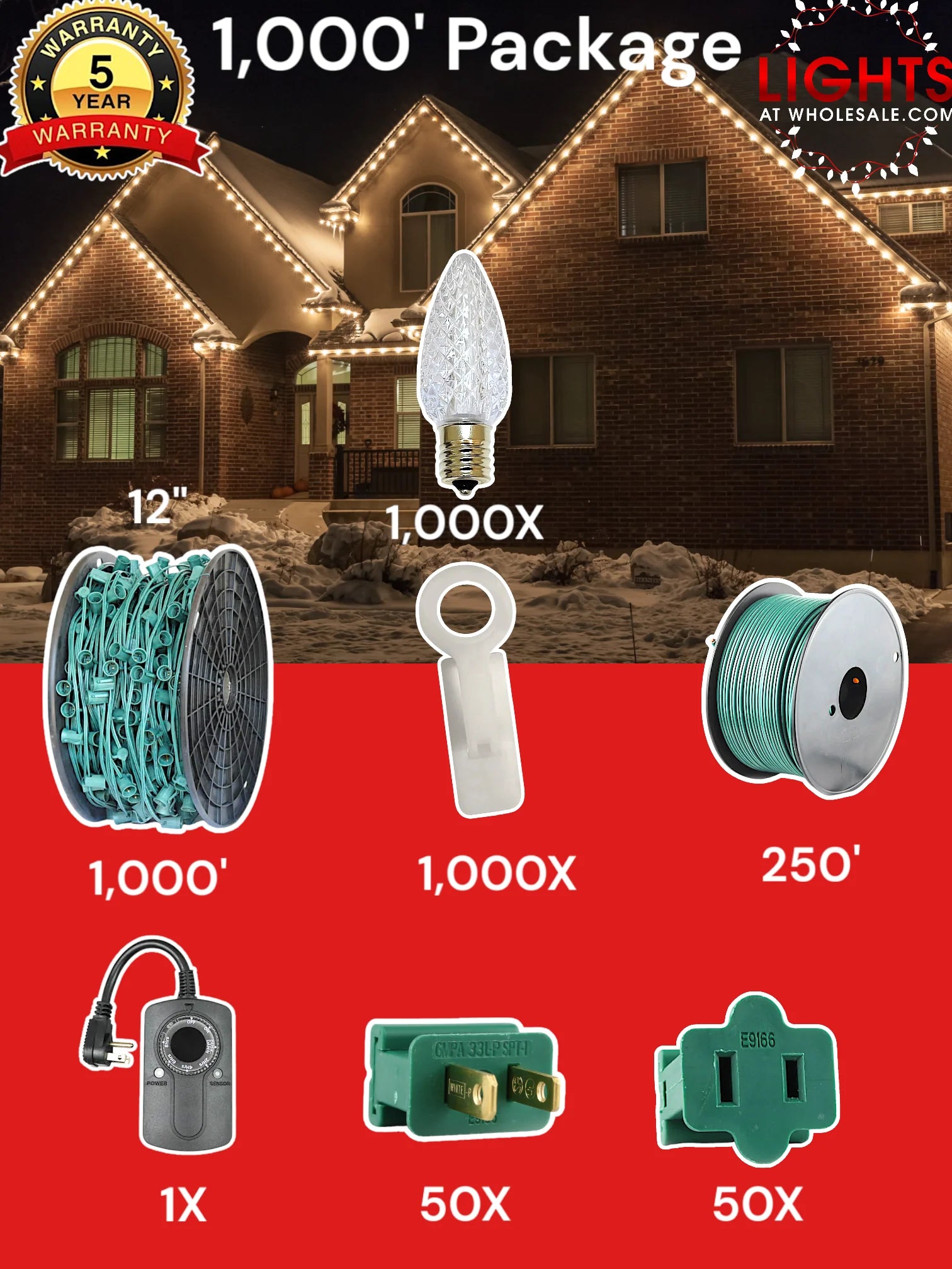 C9 1000 foot Pro Package, 12 inch spacing, Commercial Elite winter warm white