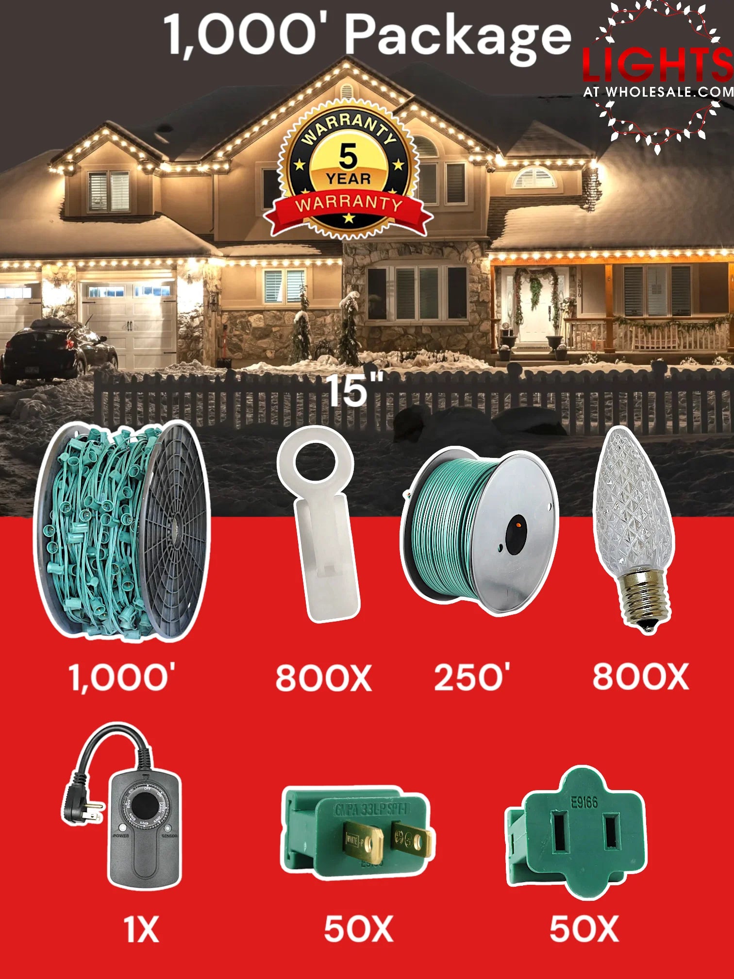 C9 1000 foot Pro Package, 15 inch spacing, Commercial Elite warm white